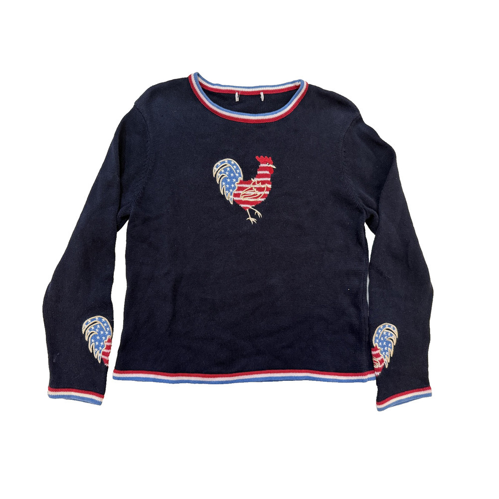 Vintage Rooster Sweater Women MED Navy Blue Red‎ White Patriotic USA Flag Knit